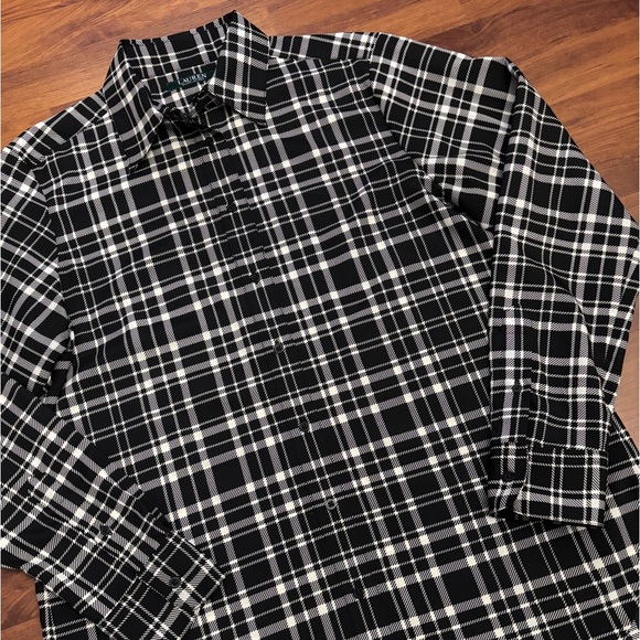 Lauren Ralph Lauren Sheer Button Up Tunic Black Plaid Oversized Top Size Medium - Picture 2 of 10